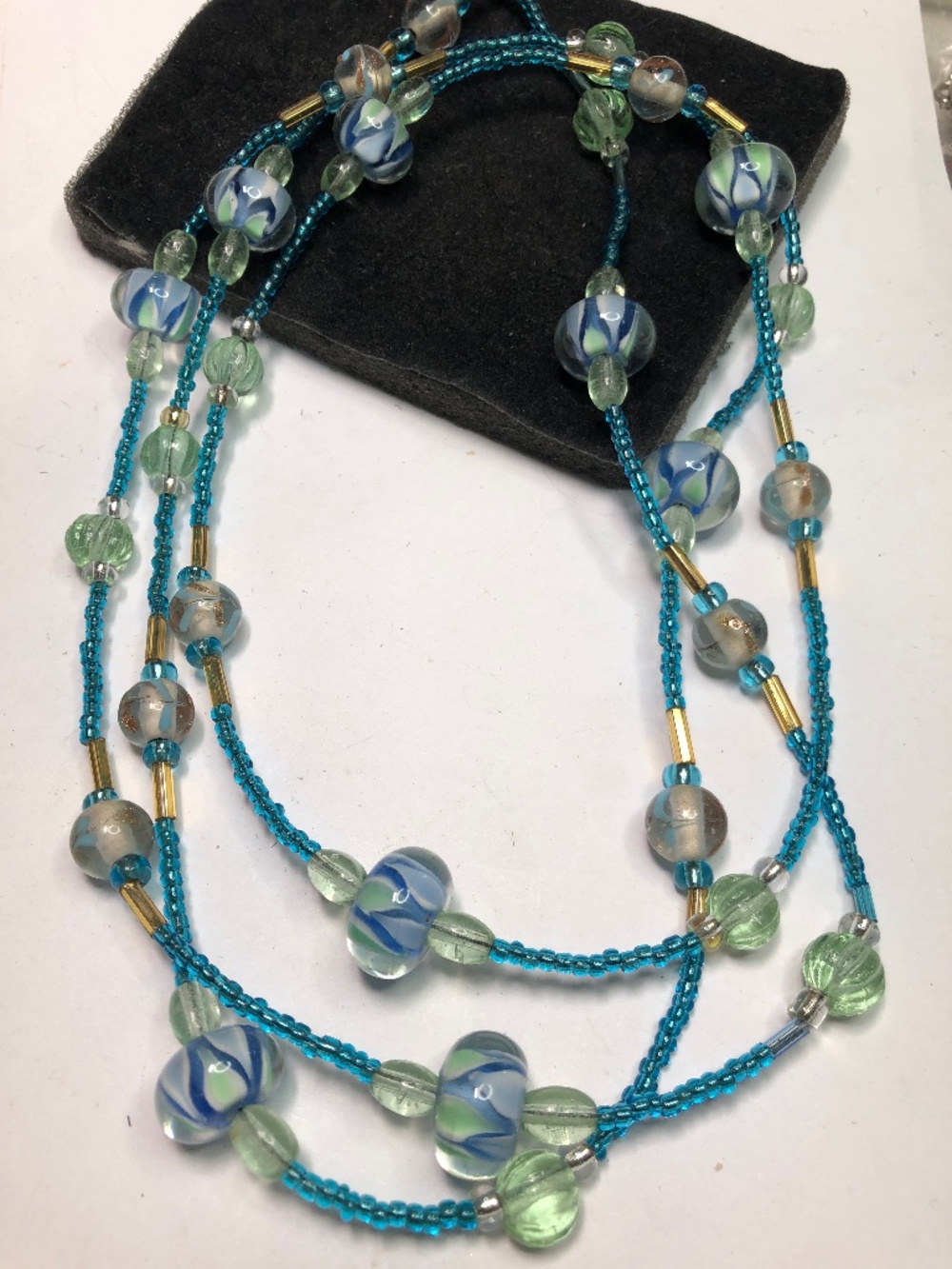 Blue art glass bead Long flapper necklace 44”